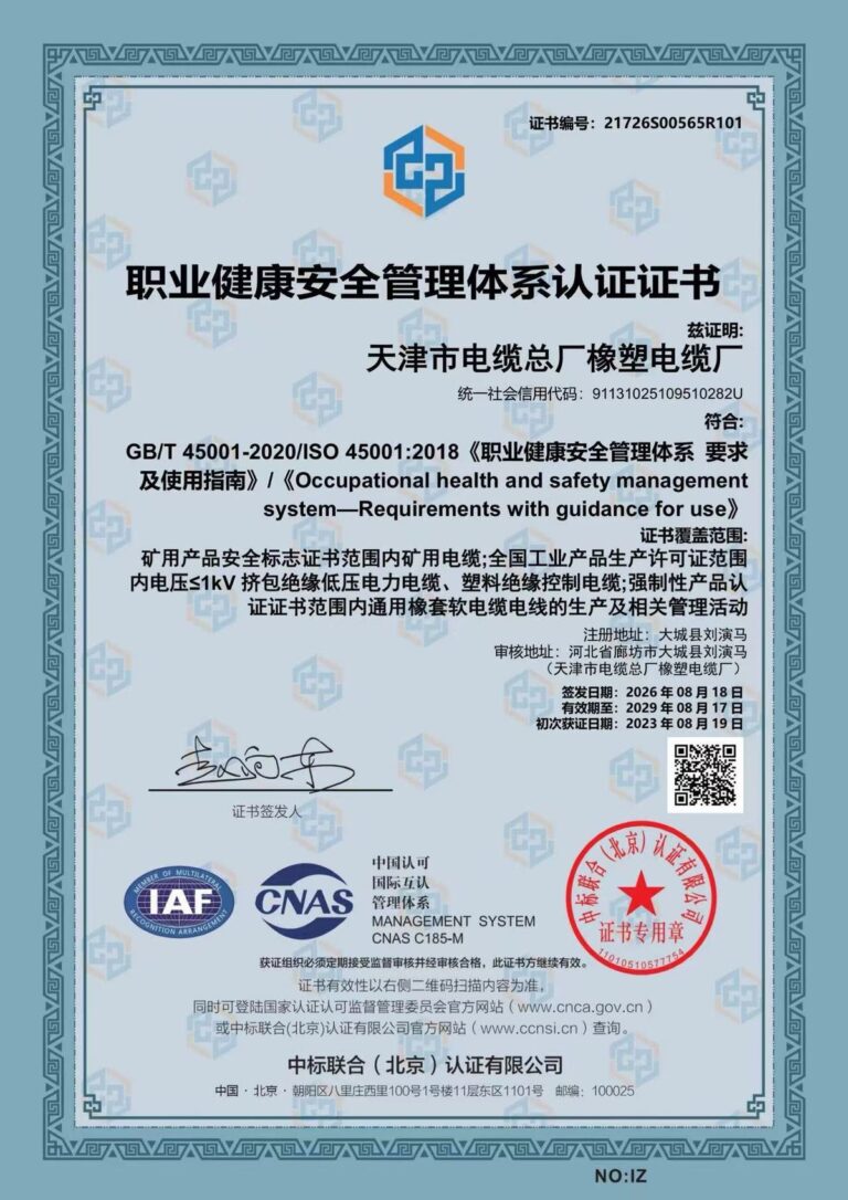 职业健康安全体系证书中文版 认证证书